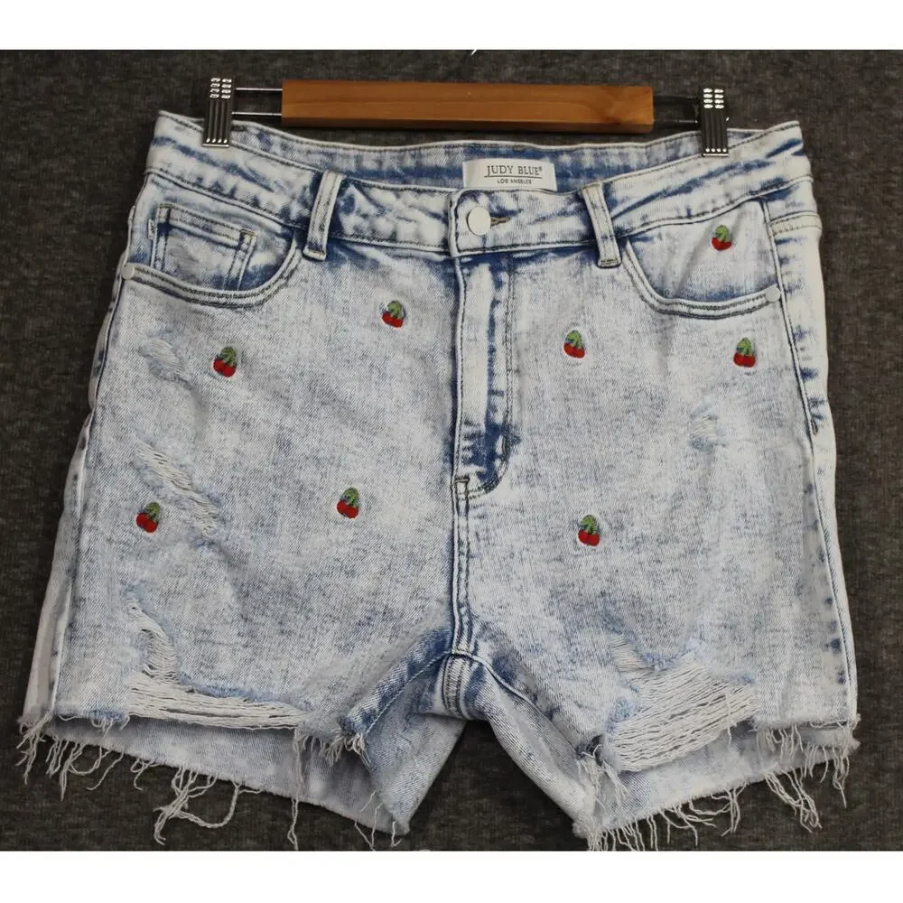 Judy Blue High Waisted Cherry Embroidery Acid Wash Jean Shorts for Women's XL